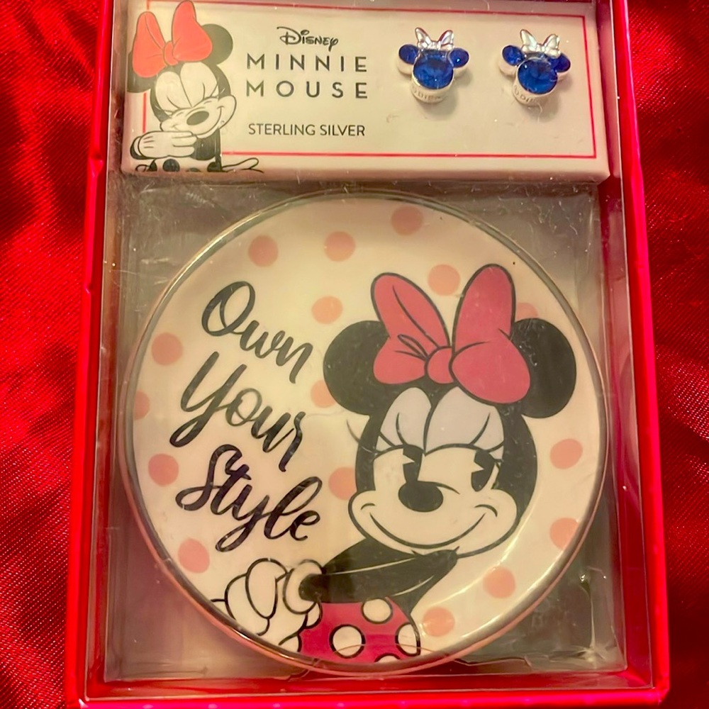 Children's Disney Minnie, mouse earring and plate set sterling silver